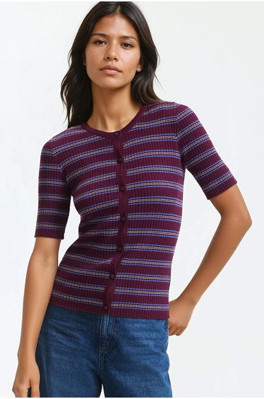 Striped Crew Neck Cardigan in Fine Knit with 3/4 Length Sleeves and Buttons