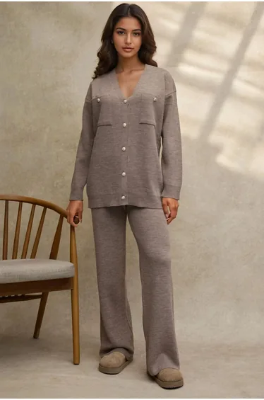 V-Neck Cardigan & High Waist Wide Leg Pants Knit Co-Ord Set