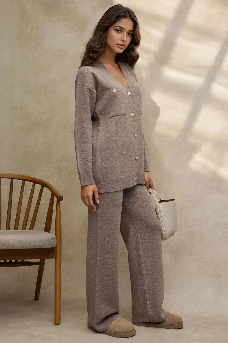 V-Neck Cardigan & High Waist Wide Leg Pants Knit Co-Ord Set - 1