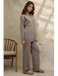 V-Neck Cardigan & High Waist Wide Leg Pants Knit Co-Ord Set - 1