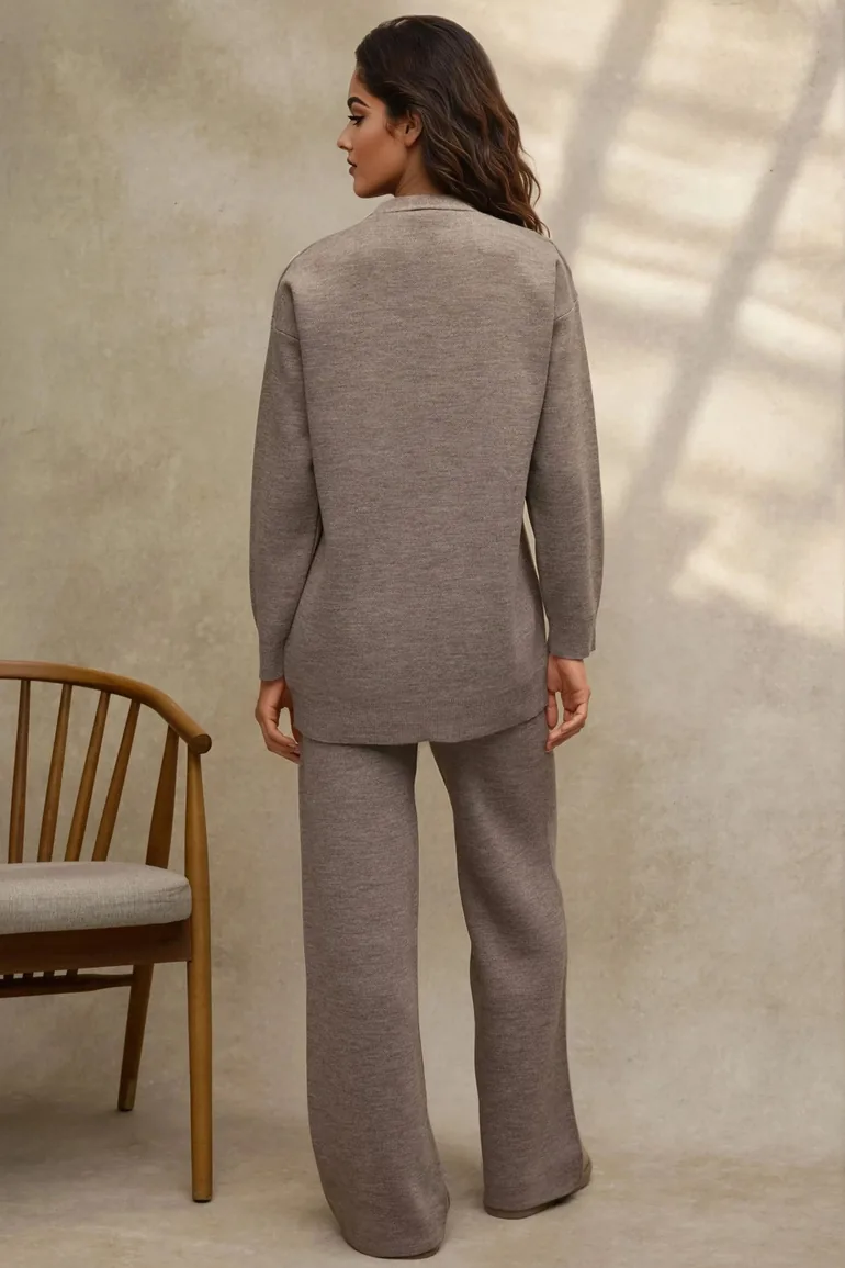 V-Neck Cardigan & High Waist Wide Leg Pants Knit Co-Ord Set - 2