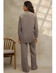 V-Neck Cardigan & High Waist Wide Leg Pants Knit Co-Ord Set - 2