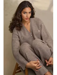 V-Neck Cardigan & High Waist Wide Leg Pants Knit Co-Ord Set - 3