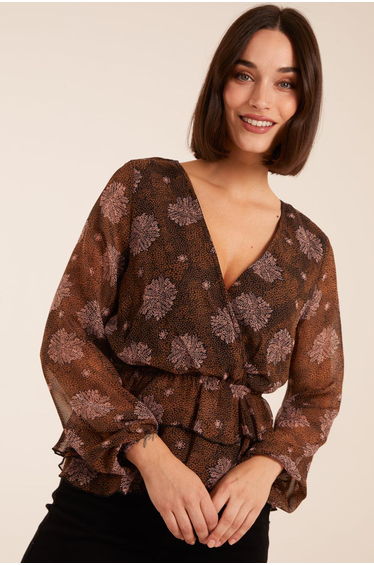 Floral Ruffle Wrap Blouse