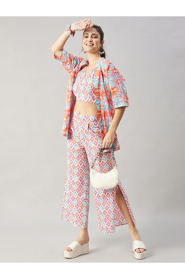 Set of 3 - Geo Print Cami, Shirt and Pants Co-Ords