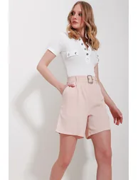 Women's Powder Pink Double Pocketed Waist Belted Gabardine Shorts - 2