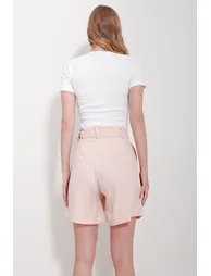 Women's Powder Pink Double Pocketed Waist Belted Gabardine Shorts - 3