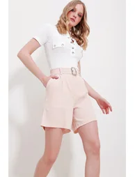Women's Powder Pink Double Pocketed Waist Belted Gabardine Shorts - 1
