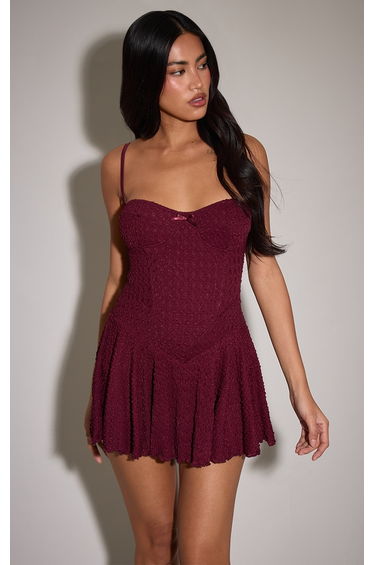 Plum Textured Lace Strappy Skort Floaty Playsuit