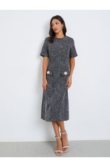 Women Tweed Look Midi Sheath Dress
