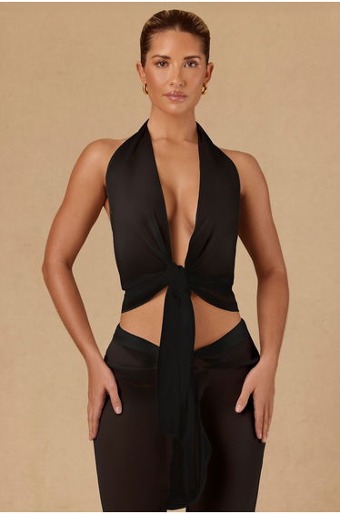 Tie-Front Halterneck Crop Top in Black