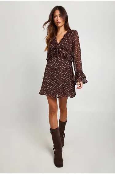 Floral Flare Sleeve Skater Dress - chocolate