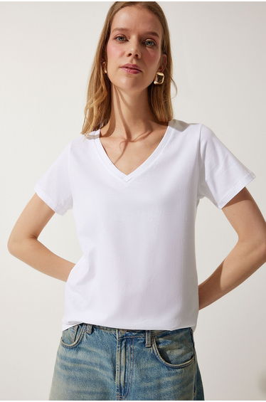 Women's White V Neck Basic Knitted T-Shirt