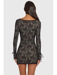Lace Long-Sleeve Mini Dress in Black - 3