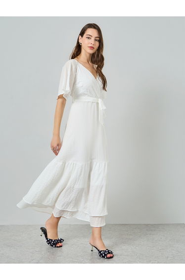 Women White Plain Maxi Dress with Short Sleeves