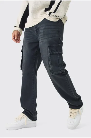 Tall Straight Rigid Cargo Jeans - washed black