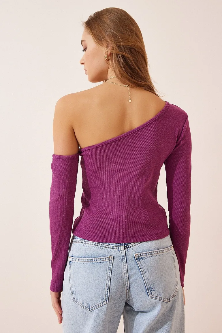 Women's Light Plum Open Shoulder Corduroy Knitted Blouse - 3