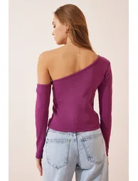 Women's Light Plum Open Shoulder Corduroy Knitted Blouse - 3