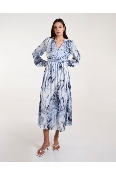 Watercolour Wrap Front Belted Midi Dress