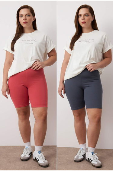 Anthracite-Dry Rose High Waist 2-Pack Biker Ribbed Knit Plus Size Leggings