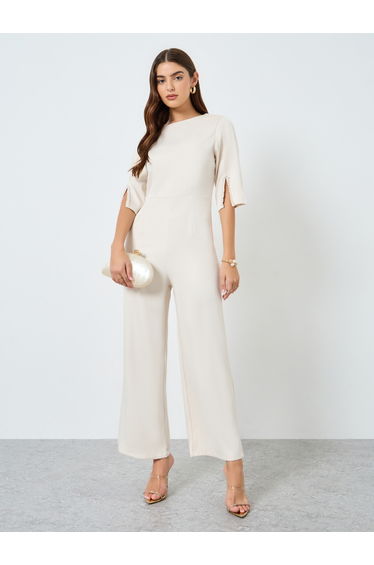 Solid Slit Sleeve Fitted Waist Jumpsuit