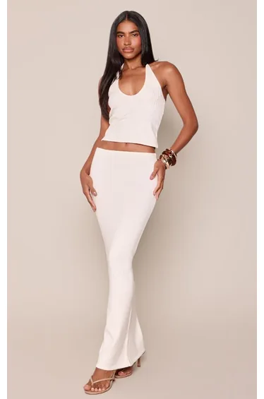 Cream Low Rise Knitted Maxi Skirt