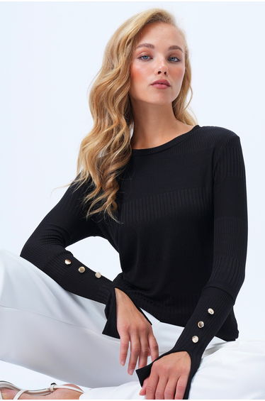 Women's Black Crew Neck Self-Patterned Button Detailed Basic Mercerized