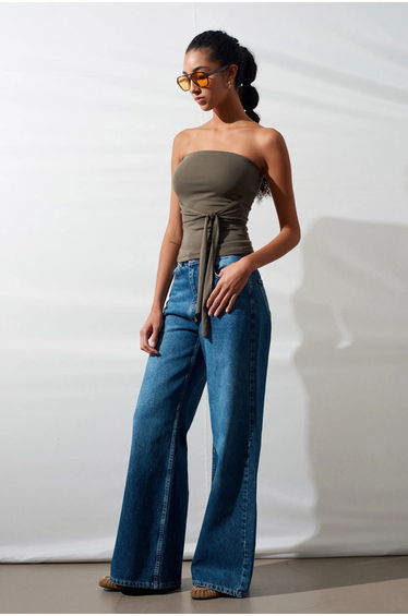 Dilvin Strapless Slim-Fit Jersey Blouse With Tie Detail