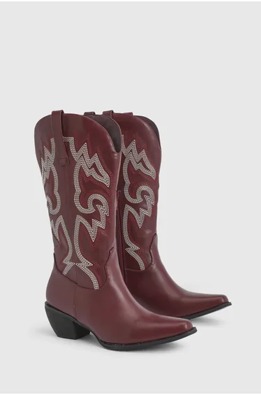 Contrast Stitch Detail Knee High Western Boots - burgundy