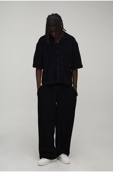 Baggy Fit Pleat Front Towelling Trouser - black