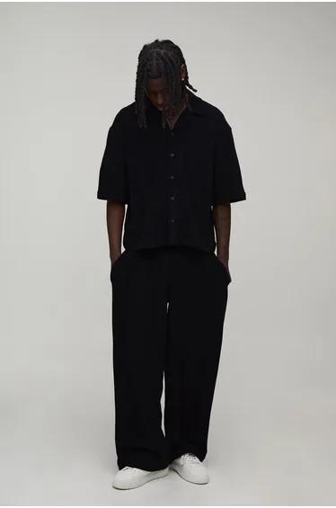 Baggy Fit Pleat Front Towelling Trouser - black