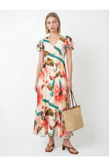 Lovedrobe Abstract Floral Print V Neck Flutter Sleeve Midaxi Dress