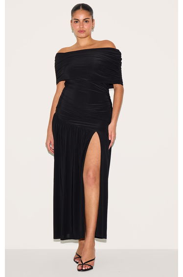 Plus Black Double Layer Slinky Bardot One Shoulder Ruched Maxi Dress