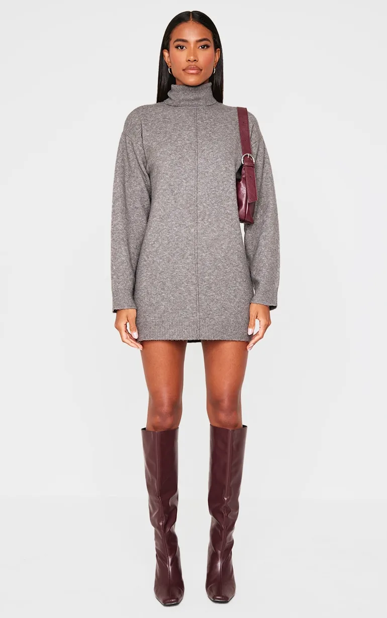 grey oversized jumper dress PrettyLittleThing Women's Rib High Neck Half Zip Oversized Jumper Dress in Sage Khaki