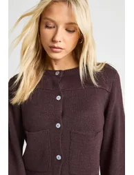 Pocket Detail Crew Neck Knitted Cardigan and Wide Leg Trouser - chocolate - 3