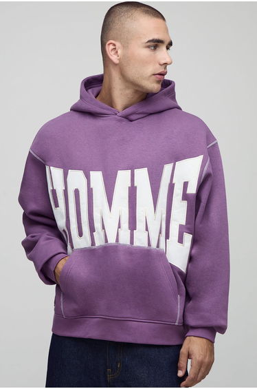 Oversized Boxy Twill Applique Contrast Stitch Hoodie - purple