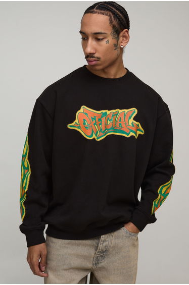Oversized Graffiti Print Sweatshirt - black