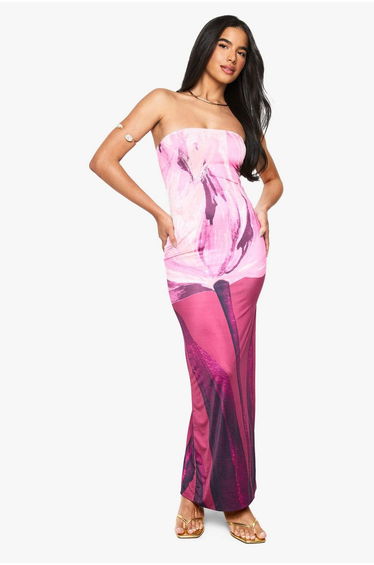 Bandeau Floral Printed Slinky Maxi Dress - burgundy