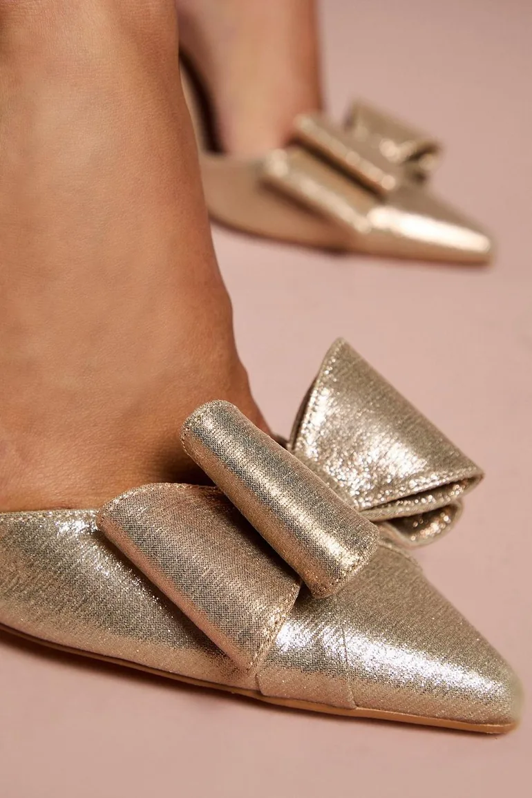 Tamara Metallic Textile Satin Bow Slingback High Stiletto Heel Court Shoes - 3