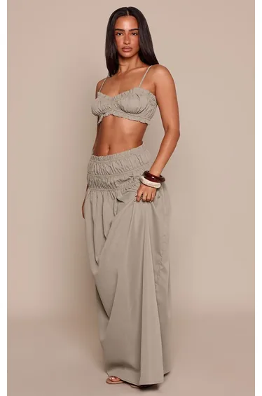 Petite Khaki Ruched Waist Frill Hem Woven Maxi Skirt
