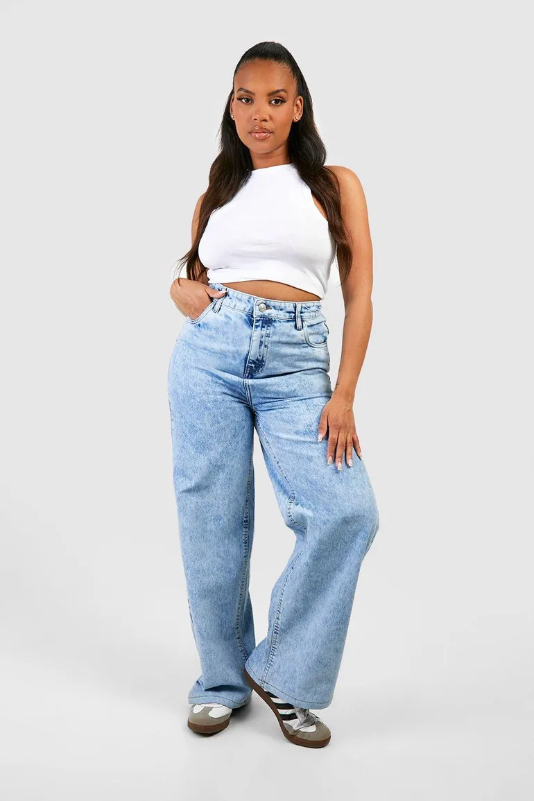 Plus High Waist Bum Shaper Wide Leg Jean - acid wash light blue - 2