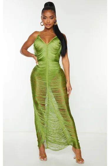 Shape Olive Fringe Detail Midaxi Dress