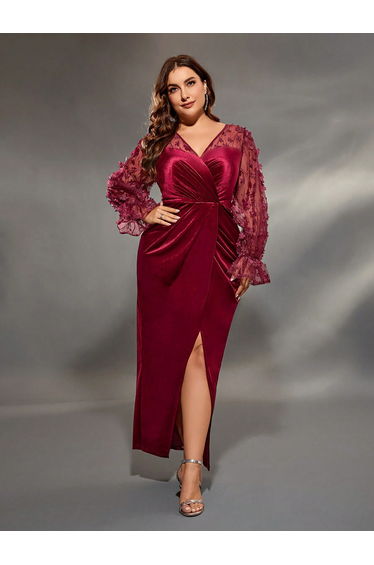 Leely Plus Women's Elegant V Neck Bishop Sleeve Day Dresses