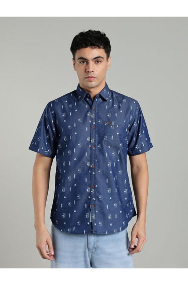 Men Blue Denim Print Short Sleeve Shirt