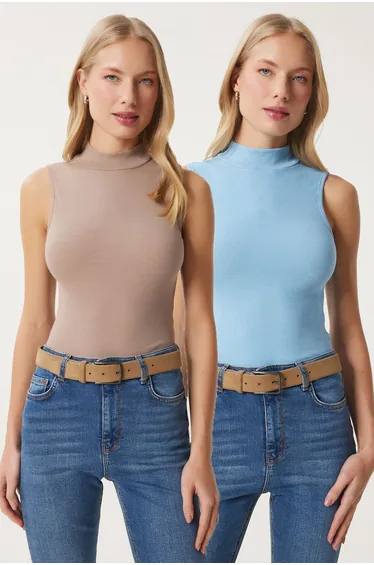 Women's Sky Blue Beige Turtleneck Sleeveless 2-Pack Knitted Blouse