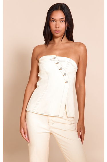 Ecru Asymmetric Button Denim Bandeau Top