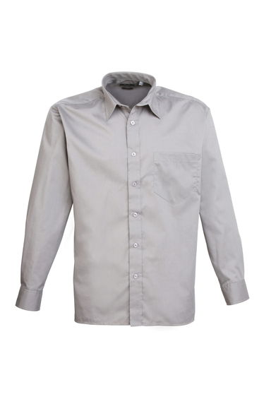 Premier Mens Long Sleeve Formal Plain Work Poplin Shirt - Silver