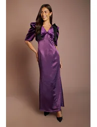Satin Skirt Velvet Bodice With Contrast Bow Maxi Dress