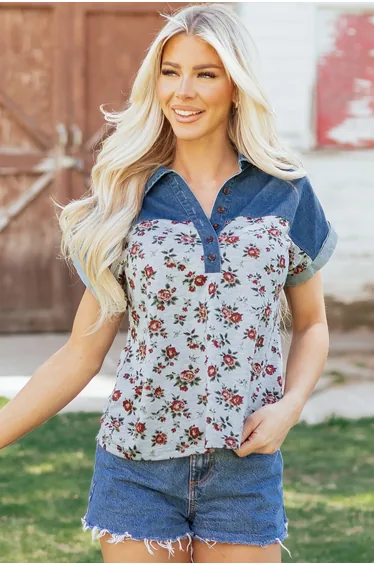 Lvness Gray Retro Floral Print Denim Patchwork Buttoned Polo Collar Top