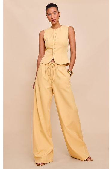 Butter Yellow Tailored Tie Detail Woven Wide Leg Trousers